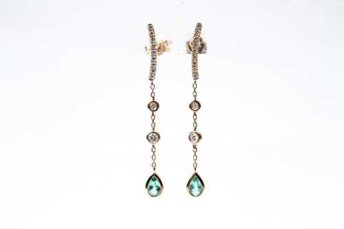 A pair of emerald and diamond earrings in 14 carat yellow gold