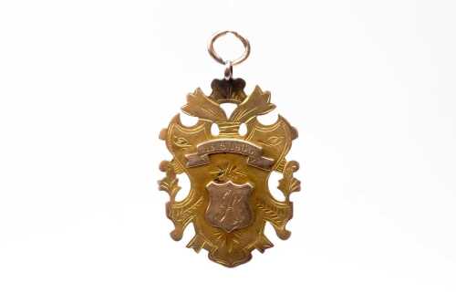 An antique shield medallion in 15 carat yellow gold