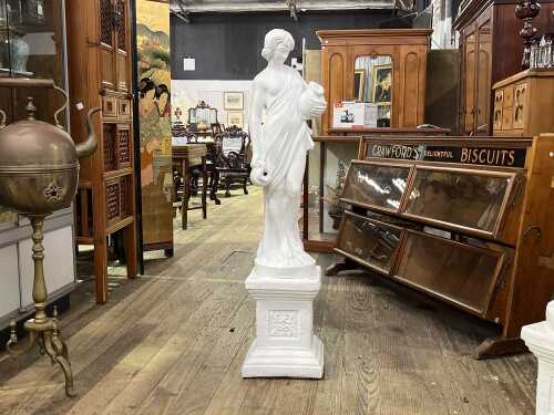 Classical style plaster statue of a lady carrying single handled amphorae