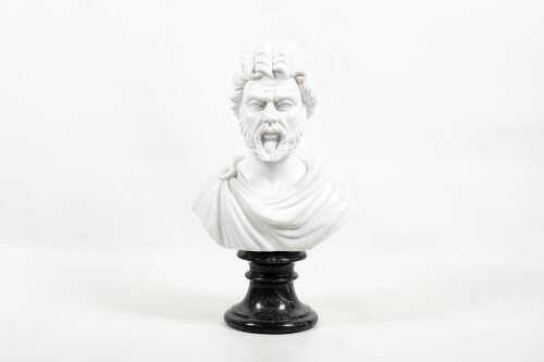 Classical style white marble bust on a black marble base