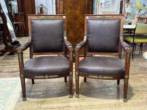 Pair of French Empire style mahogany armchairs