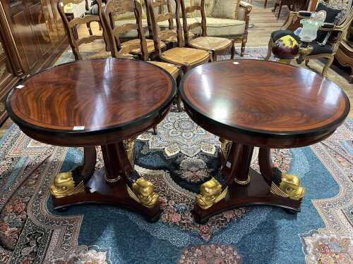 Pair of French style flame mahogany side tables