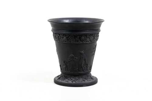 Antique Wedgwood black basalt vase with flower arranger