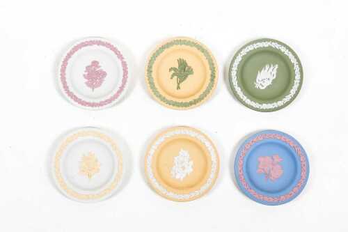 Six Wedgwood Jasperware Australian native flowers series pin dishes