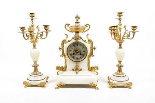 Antique French mantel clock and garniture set