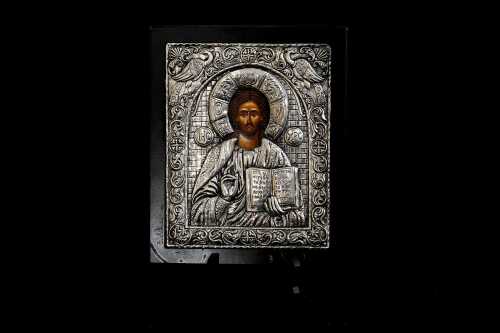 Greek Orthodox hand painted icon of Jesus Christ Pantocrator with 950 silver revetment cover