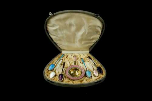David Andersen of Norway enamelled sterling silver gilt teaspoon and strainer set