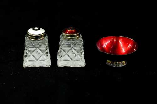 Vintage Norwegian enamelled sterling silver mounted salt and pepper shakers, plus Danish enamelled salt cellar