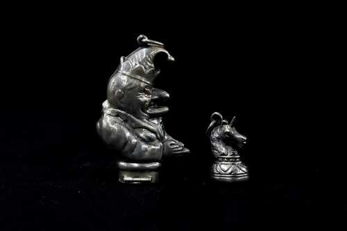 Sterling silver Mr. Punch vesta case and unicorn fob pendant