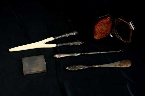 Antique and vintage dressing table items including sterling silver and mounted