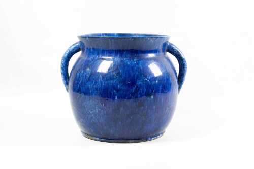 John Campbell, mottled blue glaze twin handled pottery vase, 1933