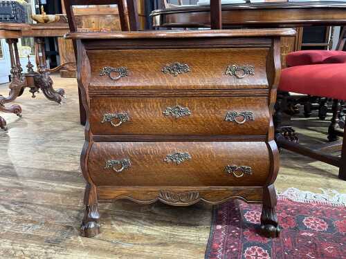 French Provincial style miniature oak bombe chest of three drawers