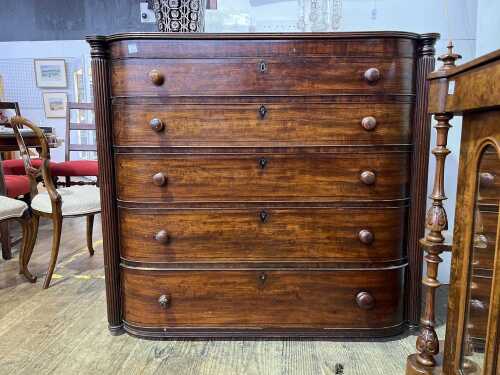 William IV mahogany bow front chest of five drawers