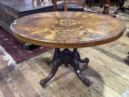 Victorian burr walnut oval loo table