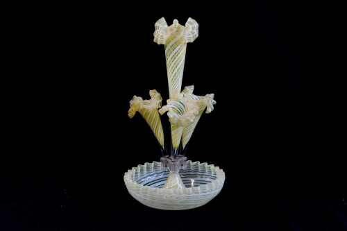 Antique yellow and white glass four trumpet epergne