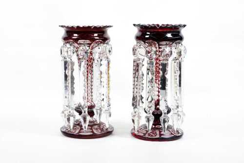 Pair of antique ruby and clear glass lustres