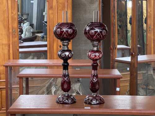 Pair of Bohemian ruby cut to clear glass kerosene lamps