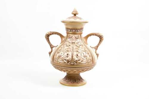 Victorian Royal Worcester Hadley twin handled porcelain urn, 1888
