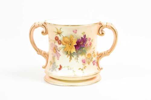 Edwardian Royal Worcester blushware twin handled porcelain cup, 1905