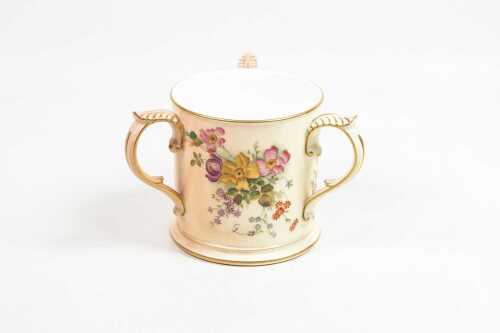 Edwardian Royal Worcester blushware tri-handled porcelain tyg, 1907
