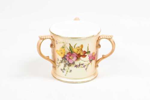 Edwardian Royal Worcester blushware tri-handled porcelain tyg, 1904