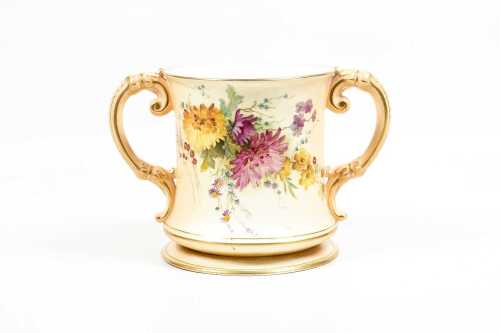 Victorian Royal Worcester blushware twin handled porcelain cup, 1900