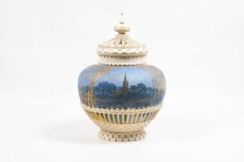 Royal Worcester 'Stratford Church + Pool', porcelain potpourri decorated by J.N. Bradley, 1889
