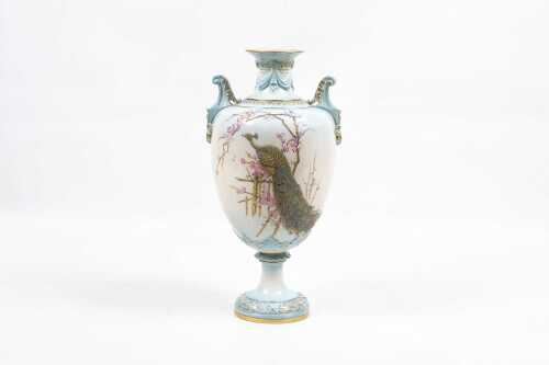 Antique Royal Worcester 'Shot Enamels' twin handled porcelain vase