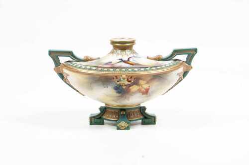 Antique Hadley's Worcester hand painted twin handled porcelain vase