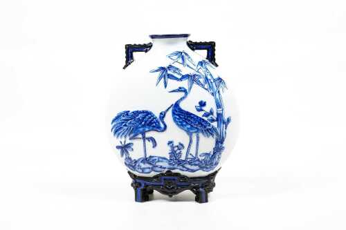 Antique Royal Worcester blue and white porcelain twin handled moon flask