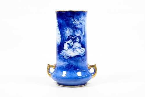 Antique Royal Doulton 'Blue Children' series twin handled porcelain vase, c.1890-1915