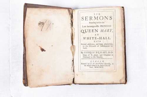 Antique calfbound 'Six Sermons Preach'd before the Late Incomparable Princess Queen Mary', 1695