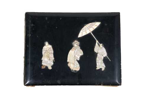 Antique Japanese lacquer with mother-of-pearl inlay postcard album, c. 1916
