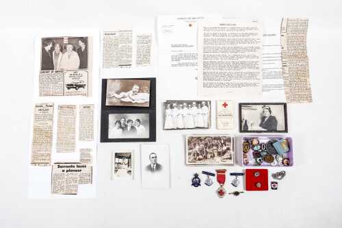 Collection of vintage medals, badges and ephemera including Red Cross