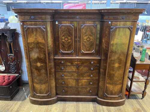 Substantial Victorian burr walnut gentleman's press or wardrobe, 1880s