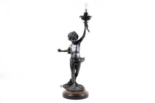 Figural bronze table lamp of a cherub holding a light aloft