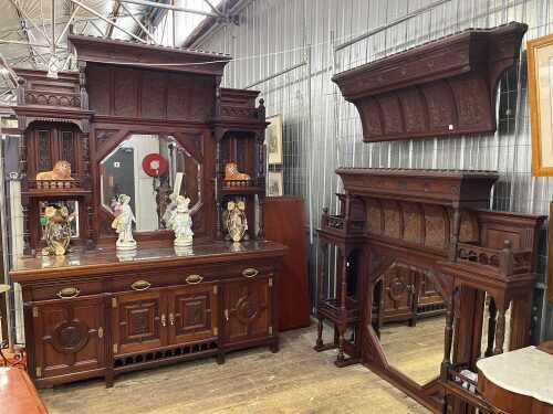 Victorian Aesthetic Movement mahogany three piece furniture suite, 1880s