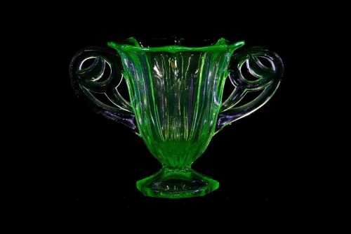 Art Deco uranium glass twin handle vase