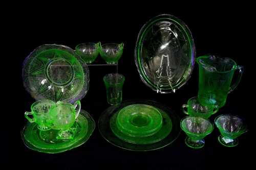 Art Deco green uranium glass serving ware with pressed floral pattern