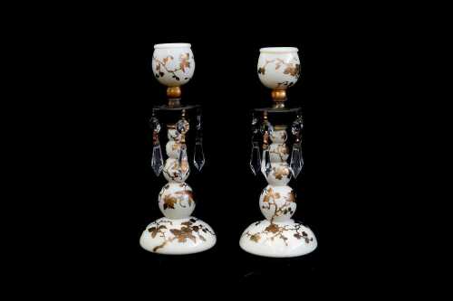 Pair of antique uranium vaseline glass candlesticks