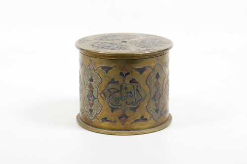 Damascene 'trench art' pyxis or cylindrical box made from WWI German artillery shell casings