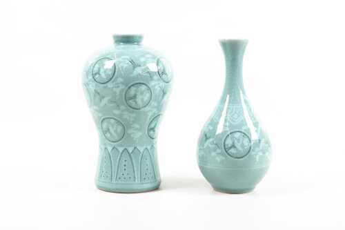 Two Korean celadon glazed ceramic vases