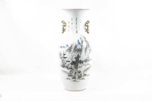 Chinese twin handled porcelain vase, mid 20th century