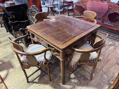 Chinese rosewood mahjong/dining table with four chairs