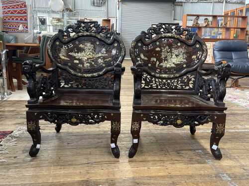 Pair of Chinese carved rosewood and inlaid armchairs