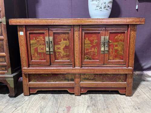 Chinese style red and black lacquer low cabinet