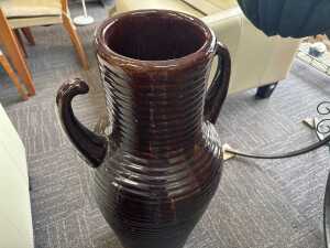 Ceramic ribbed brown glazed twin handled floor vase. - 2