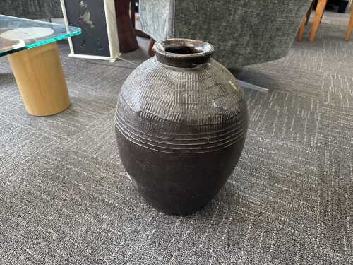 Brown glaze stoneware floor vase with incised design