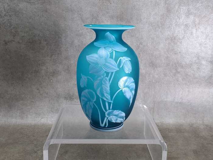Azue blue frosted glass vase with floral and butterfly design
