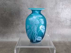 Azue blue frosted glass vase with floral and butterfly design